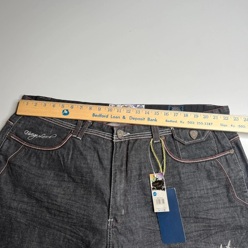 Foreign Lavish Mens 44 Dark Wash Baggy Denim Jeans Gun Embroidery Y2K Streetwear